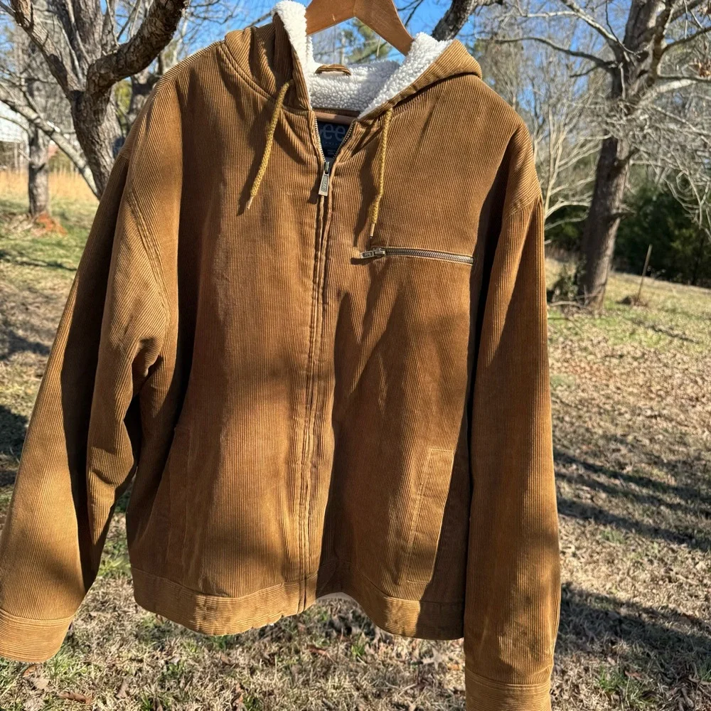 Lee Men's Corduroy Sherpa Work Trucker Jacket with Hood Size Large